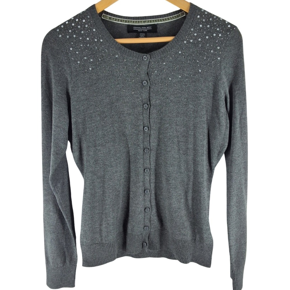 Central Park West‎ Grey Rhinestone Embellished Cardigan Sweater Small